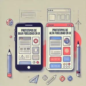 Imagen minimalista a color que muestra prototipos UI: baja fidelidad en gris y alta fidelidad en colores, conectados por flechas