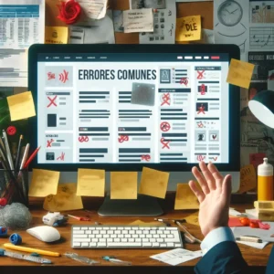 Imagen representativa del artículo 'Errores Comunes en el Diseño Web de Empresas en Perú', donde se observa una computadora mostrando una página web desordenada con elementos gráficos mal ubicados y texto ilegible, mientras un diseñador web con gesto preocupado revisa la pantalla. La imagen simboliza problemas de diseño web en empresas peruanas, evidenciando la importancia de una estructura profesional y ordenada.