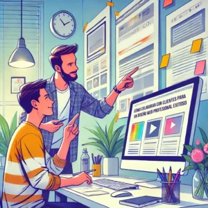 Imagen representativa del artículo 'Cómo colaborar con clientes para un diseño web profesional exitoso', donde se observa a un diseñador web y a un cliente trabajando juntos frente a una computadora con un diseño web en pantalla, rodeados de pizarras con esquemas y notas adhesivas coloridas, simbolizando colaboración, creatividad y profesionalismo en el diseño web
