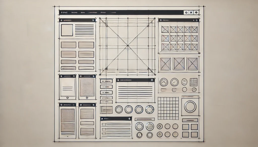 Prototipo de baja fidelidad UX en formato 16:9, mostrando un diseño monocromático con wireframes simples que incluyen texto de marcador de posición, íconos básicos y elementos como botones y navegación, ideal para planificación inicial de interfaces