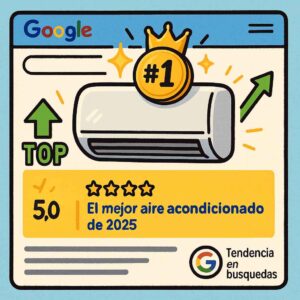 Imagen caricaturesca de un aire acondicionado en el primer lugar de Google, con una medalla dorada de "#1", estrellas de calificación, una flecha verde hacia arriba y el texto "El mejor aire acondicionado de 2025